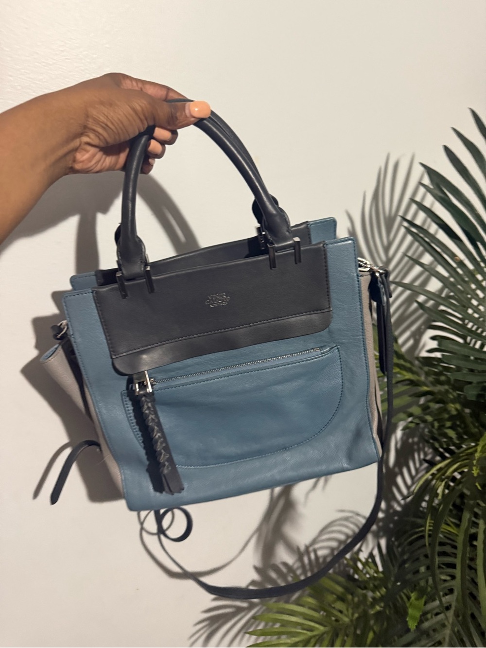 Vince Camuto Blue, Black and Gray Leather Satchel